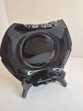 Vintage L.E. Smith Black Amethyst Glass Bon Bon dish Rolled Shield Edge 1920s